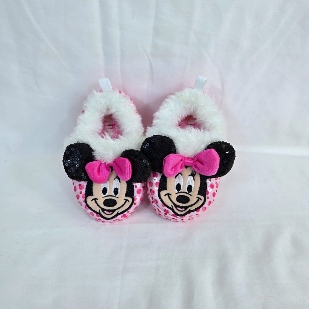 Disney Toddler Girls Minnie Mouse Pink Sequin Faux Fur Slipper Booties Small 5/6